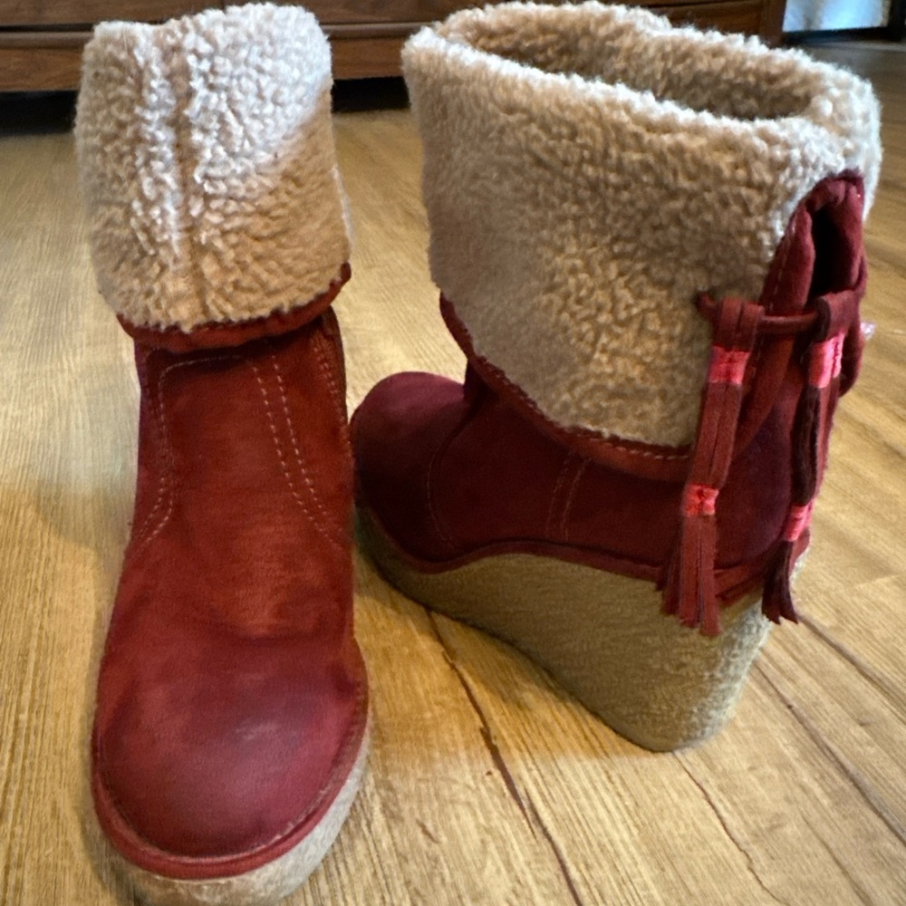 Red and Cream Ankle Boots with Wedge Heel
